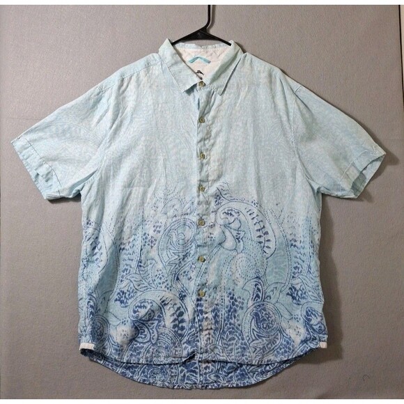 Tommy Bahama Relax Shirt Men XL BlueShort Sleeve 100% Linen Geometric Print - Picture 1 of 8